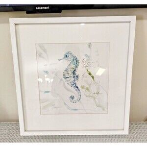 Blue Seahorse Framed Art Print Nautical Coastal Beach Decor White Wood Frame 19"